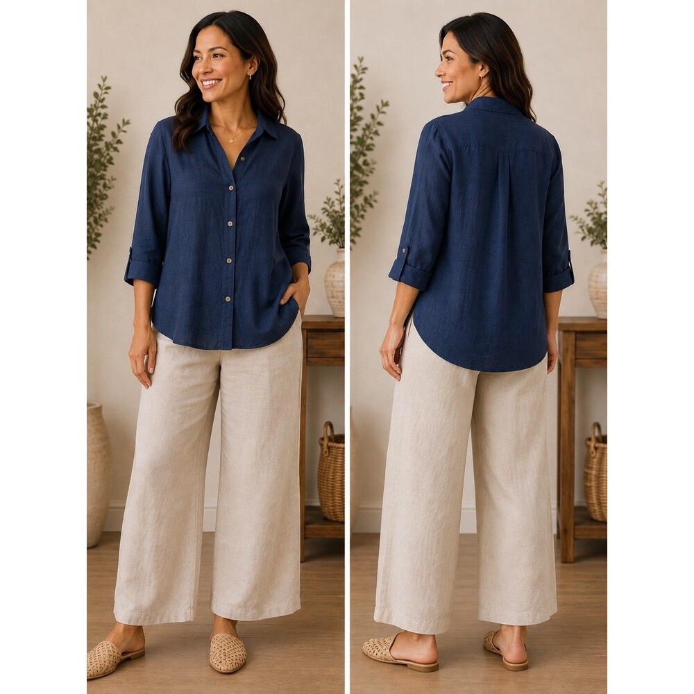 Chicos No Iron women’s Button up Shirt Blue Chic Stretch 3/4 sleeved Collared
